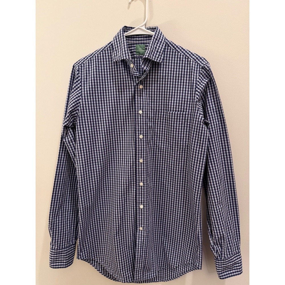 Sid Mashburn Men Small Navy White Gingham Spread Collar Cotton Button Down Shirt